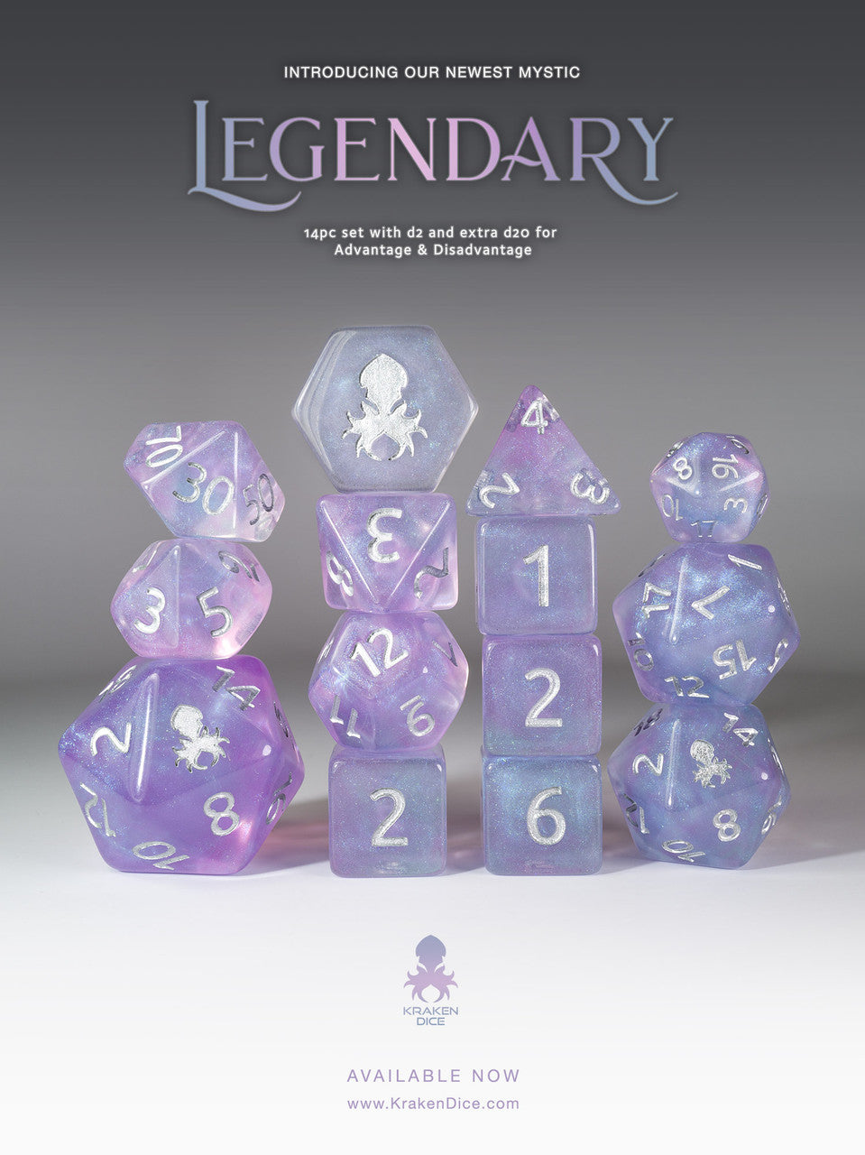 Legendary 14pc Silver Ink Dice Set With Kraken Logo